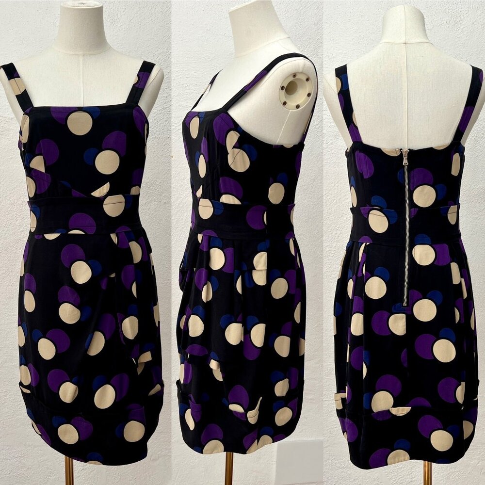 Marc by Marc Jacobs Black & Purple Polka Dot Silk Mini Bubble Dress (4) RUNS BIG - Picture 1 of 16
